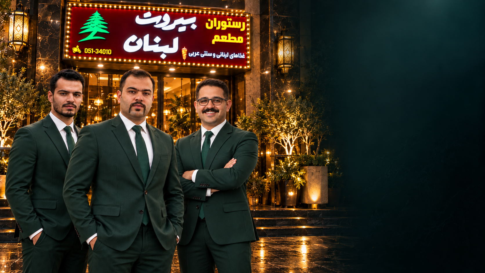 سه نفر از تیم رستوران مقابل ورودی و تابلوی بیروت لبنان در شب